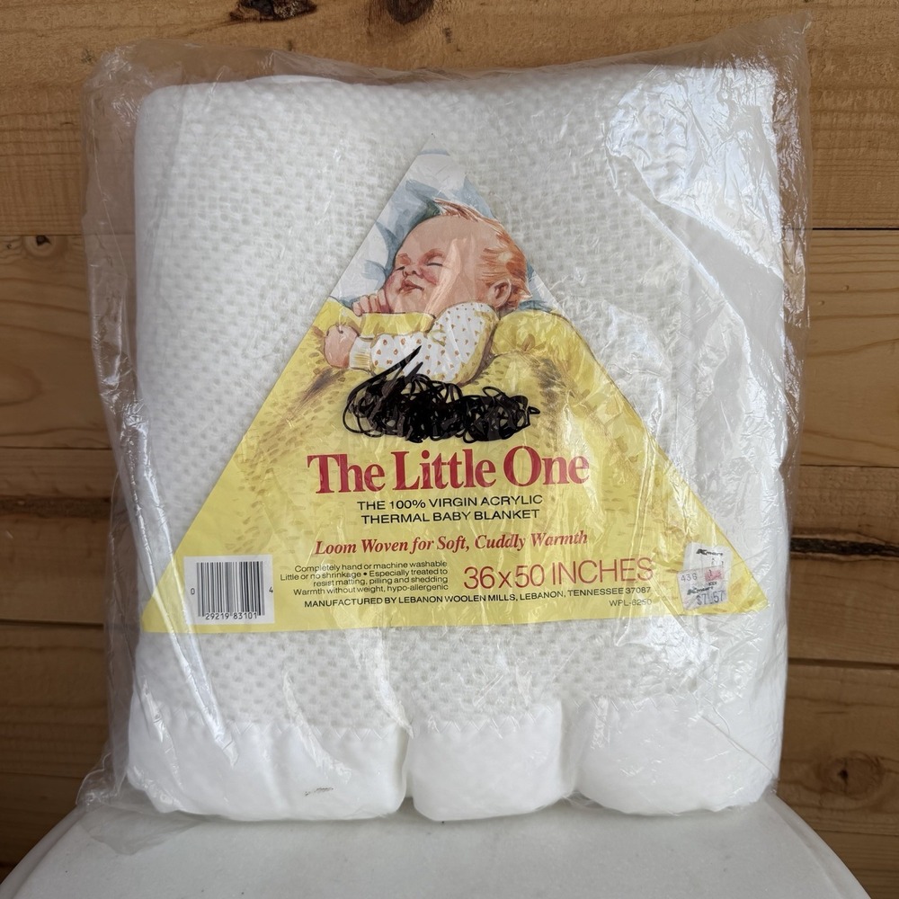 New VTG The Little One Baby Blanket White Acrylic Trim‎ Woven Kmart 36x50"